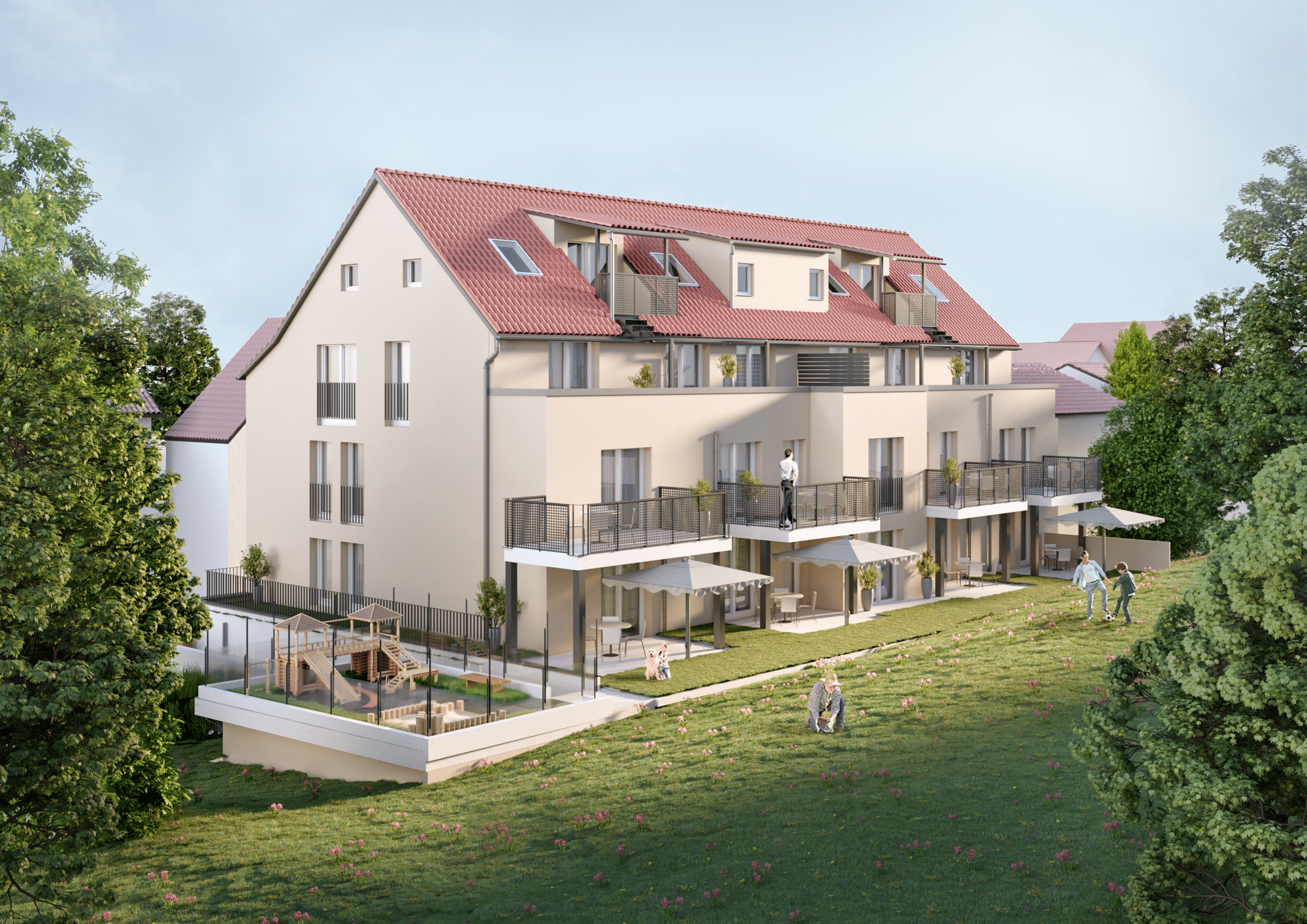 Visualisierung der Gartenseite des Neubauprojekts Lange Straße 13 in Nürtingen-Neckarhausen